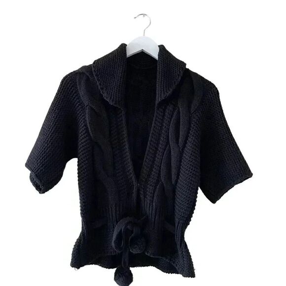 Black Knit Open Front Tie Snap Button Closure ¾ Sleeves Sweater Women’s Cardigan - Picture 1 of 13